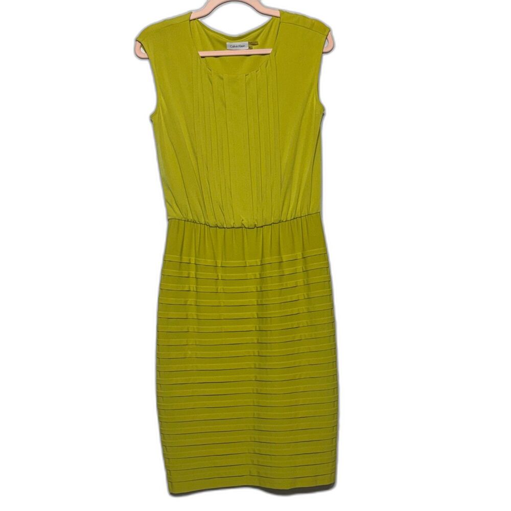 Calvin Klein Women Size 4 Lime Green Pintuck Sheath Dress Stretch Workwear
